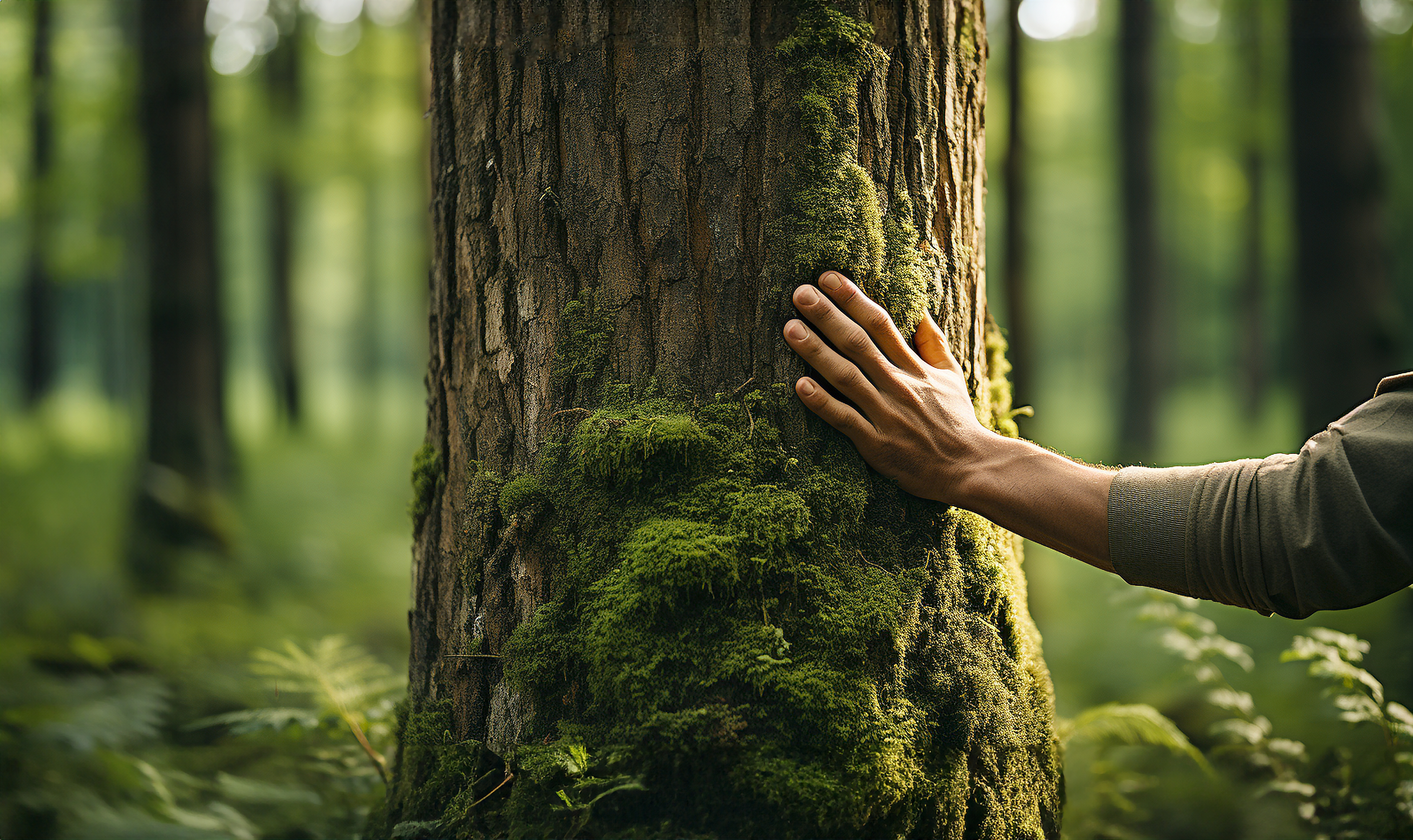Mano sobre un tronco cubierto de musgo en el bosque
